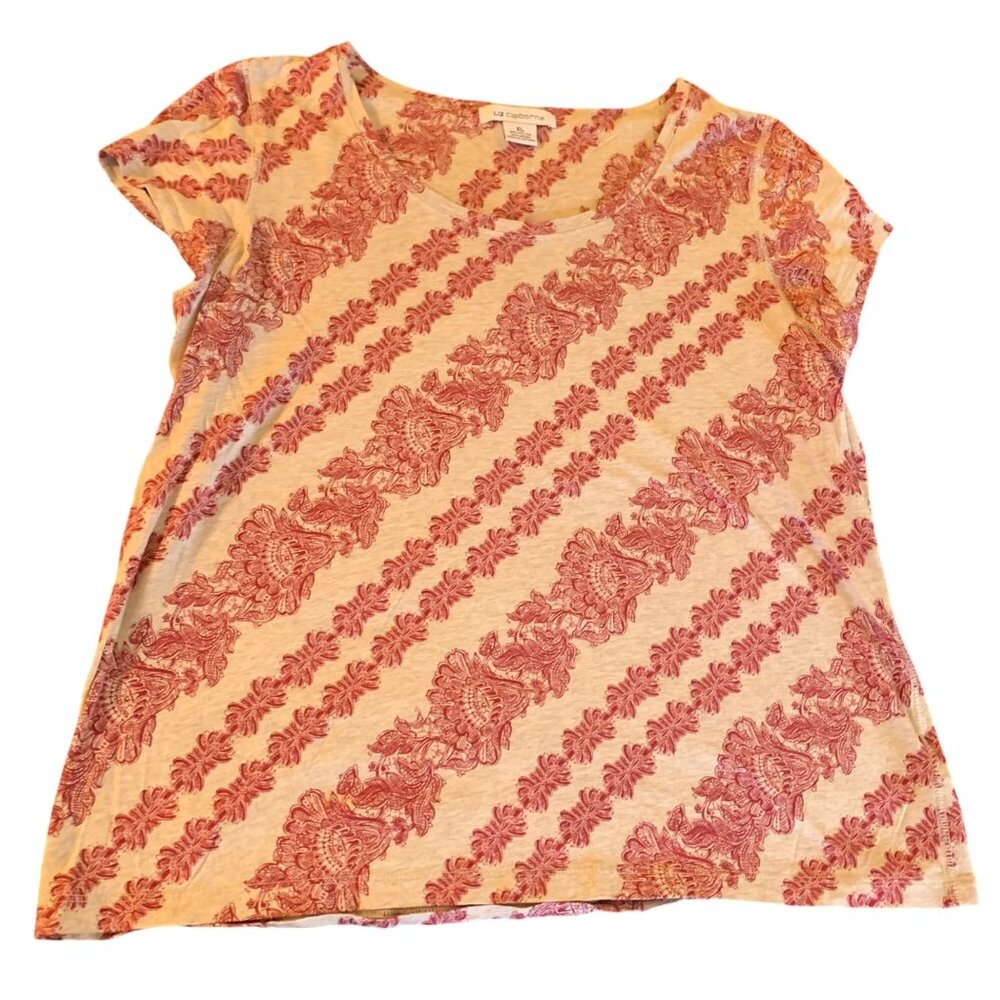 Liz Claiborne Womens Size XLarge Red & Beige Floral Stripe Short Sleeve Top